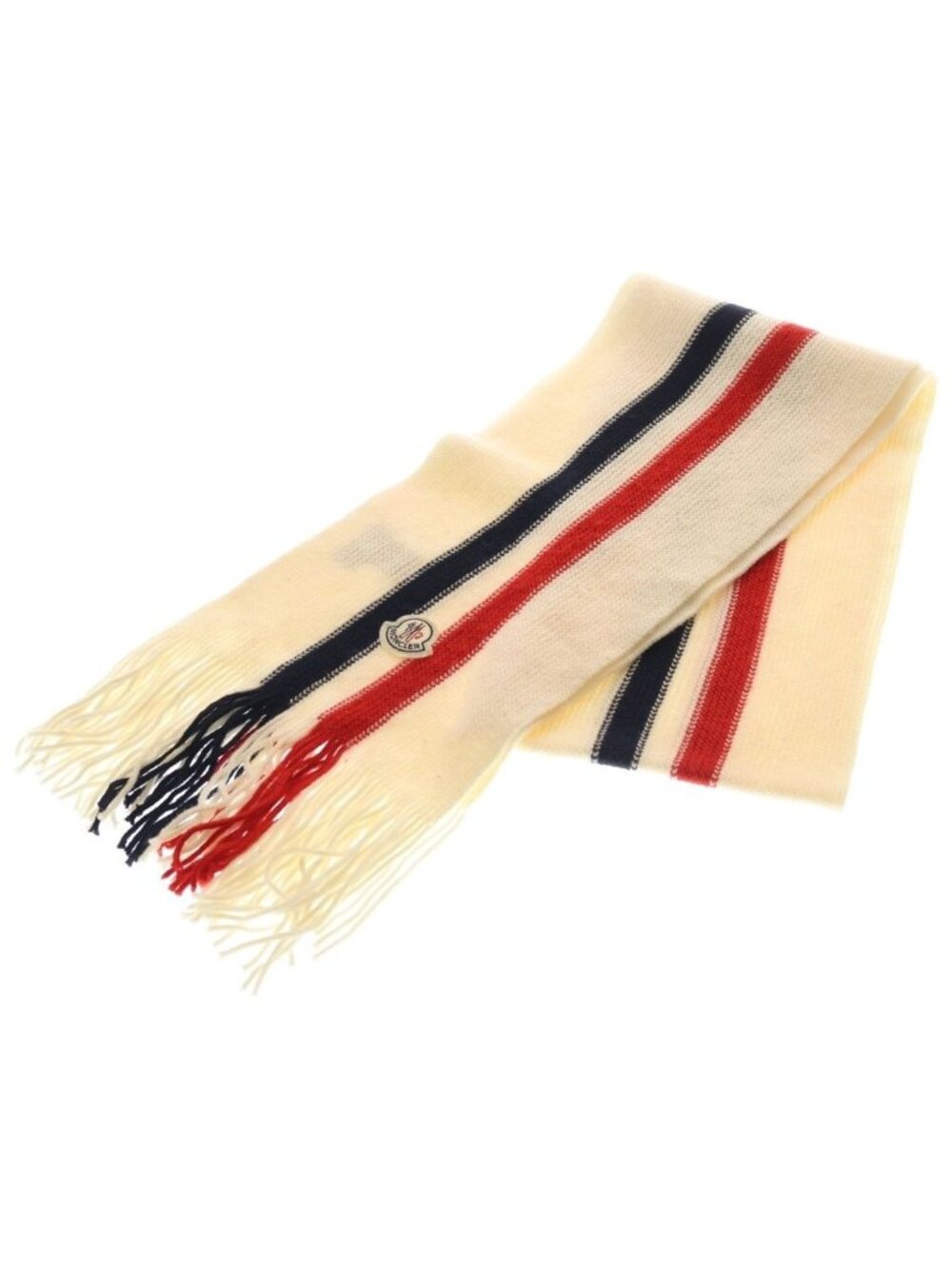 Moncler Patch Logo Tricolor Wool Fringe Long Scarf White Red Navy